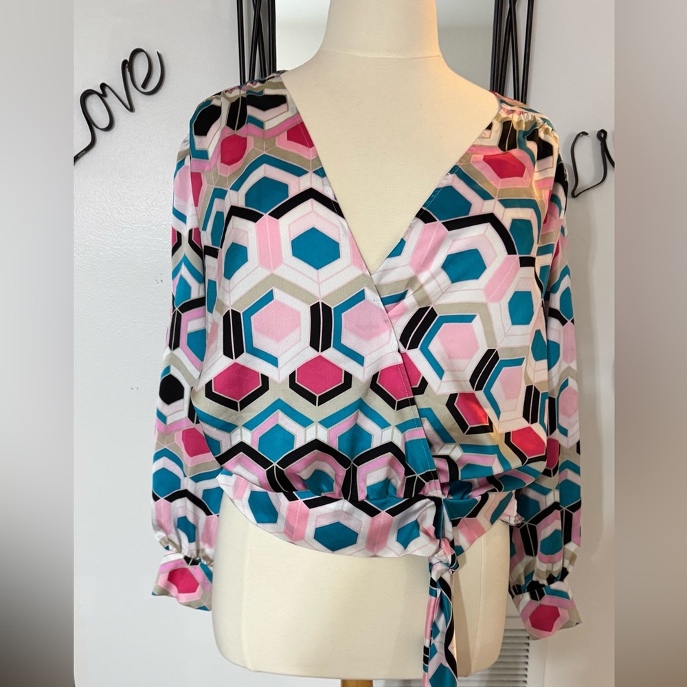 INC International Concepts Satin Wrap Blouse, Women, Size 1X, Multicolored